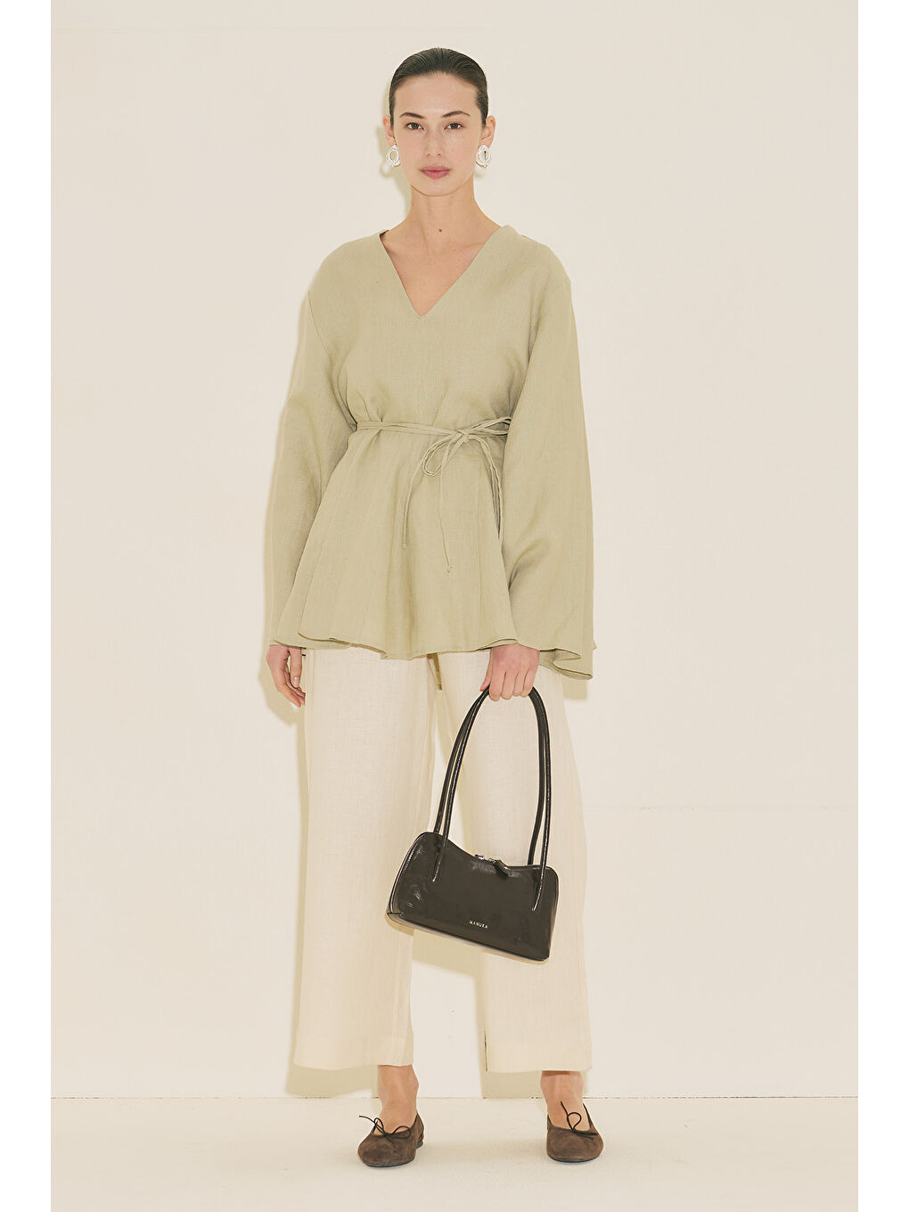 Yeşil %100 Keten Volümlü Tunik Adaçayı-6