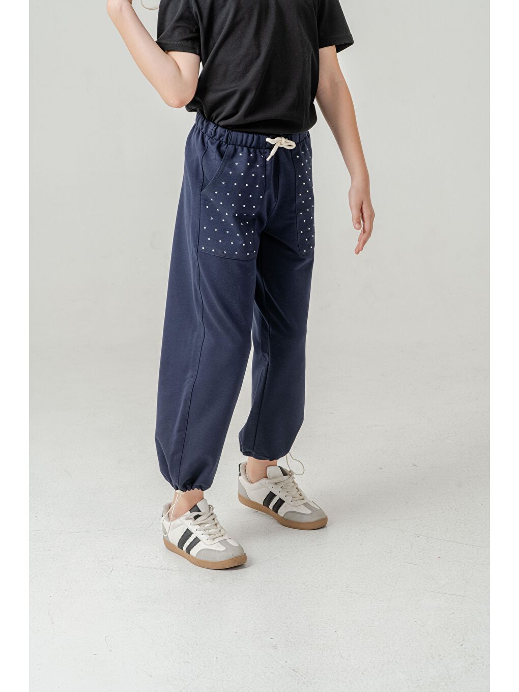 Lacivert Cebi Taşlı Paça Brit Lastikli Stoperli Kız Çocuk Eşofman Altı-2