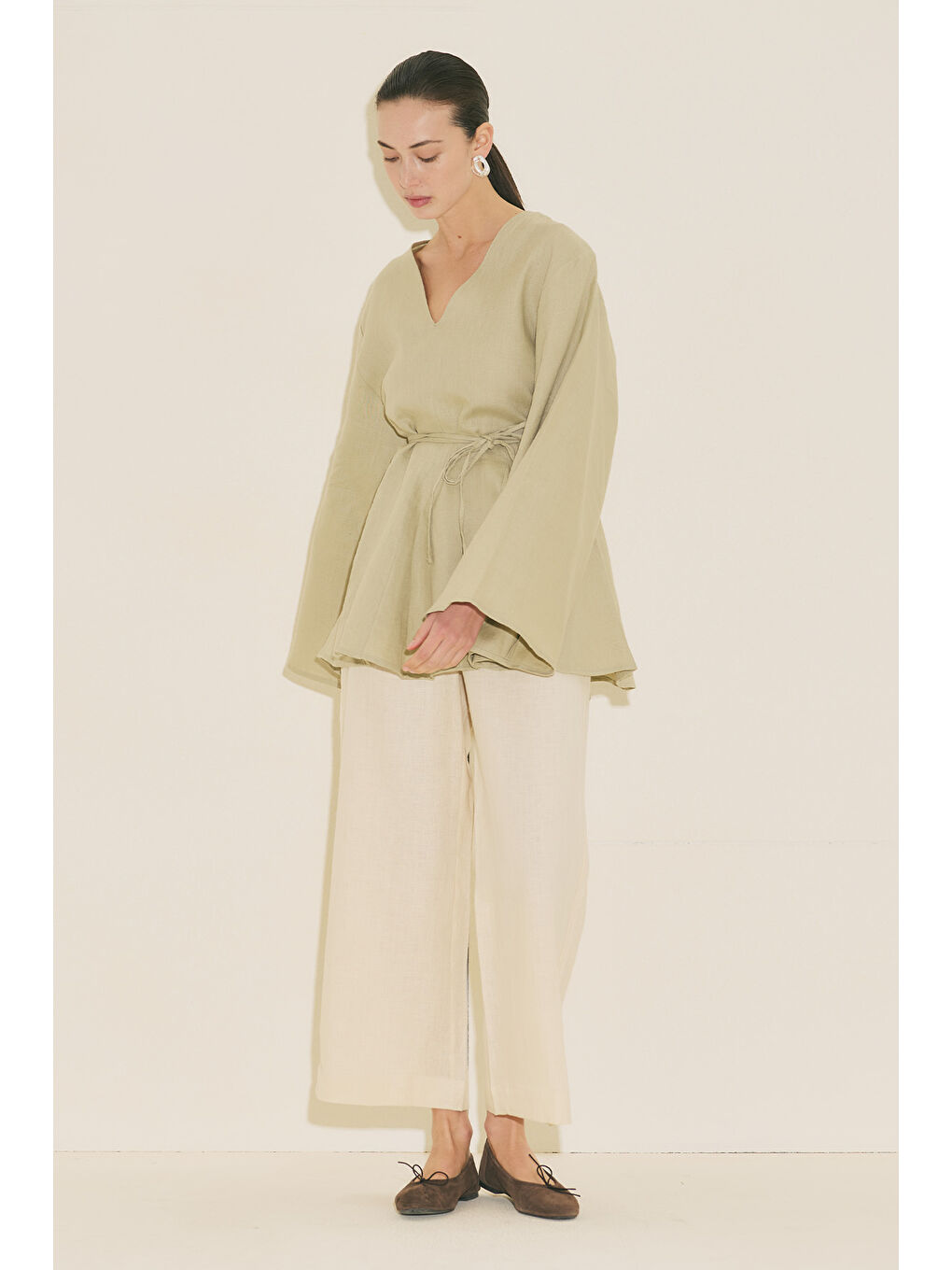 Yeşil %100 Keten Volümlü Tunik Adaçayı-7