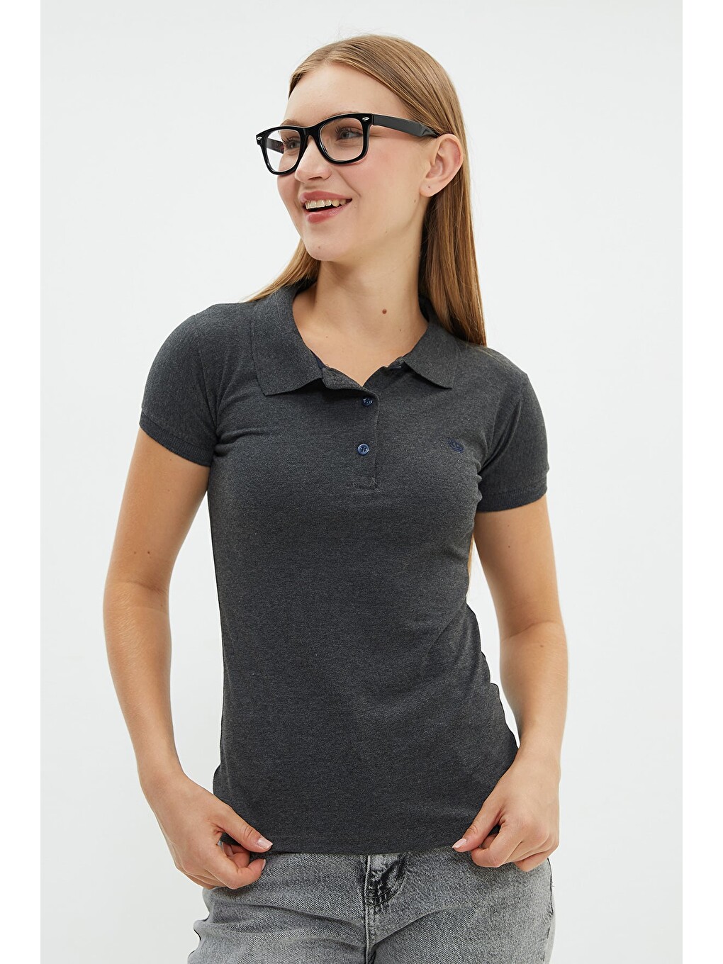 Antrasit Nakışlı Polo Yaka Slim Fit Tişört