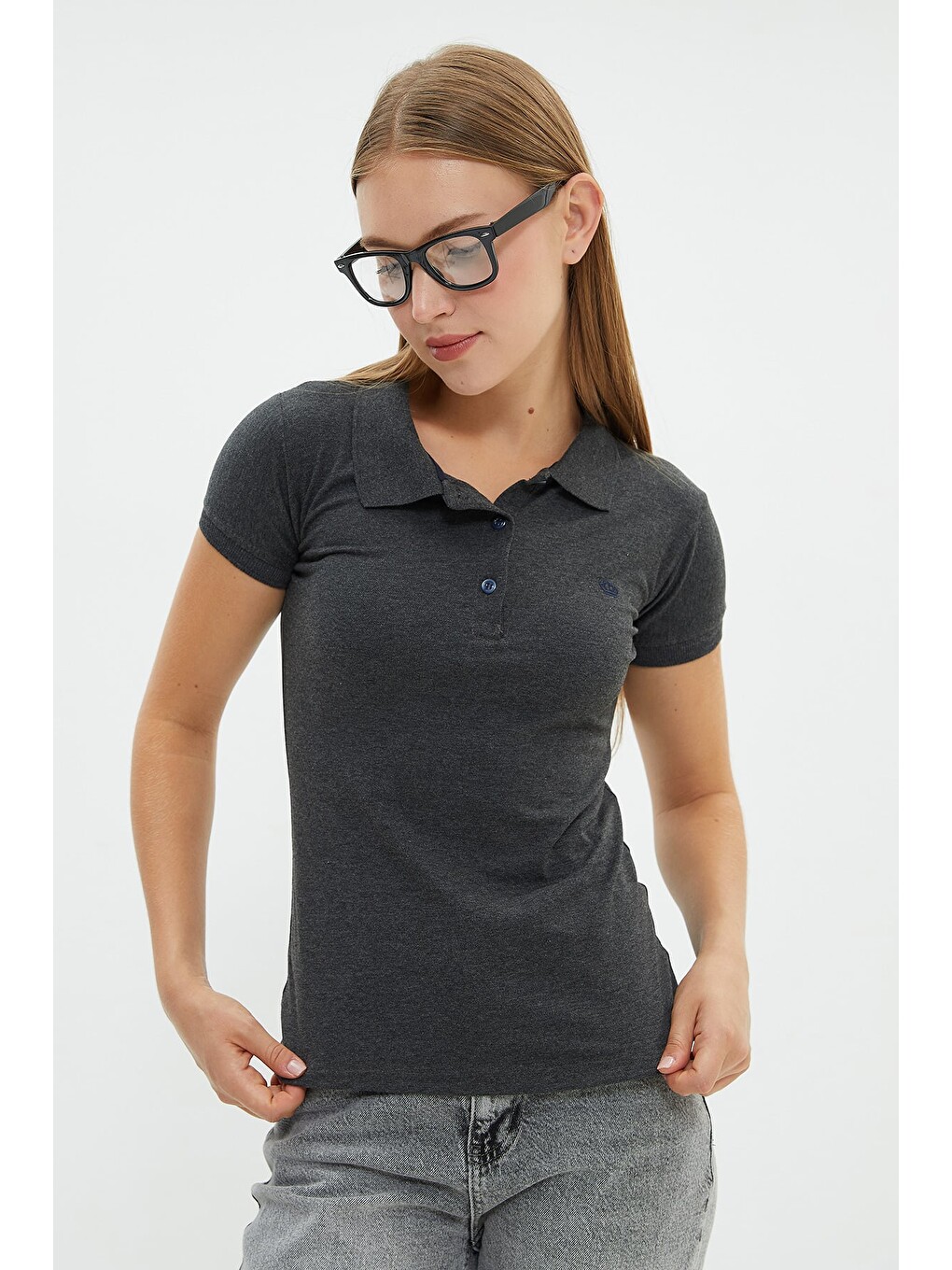 Antrasit Nakışlı Polo Yaka Slim Fit Tişört-1
