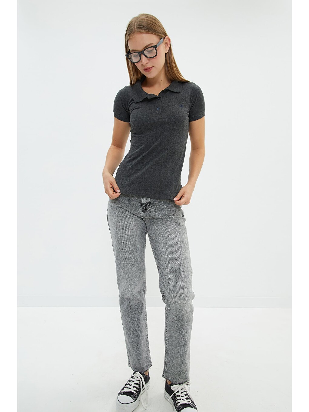 Antrasit Nakışlı Polo Yaka Slim Fit Tişört-2