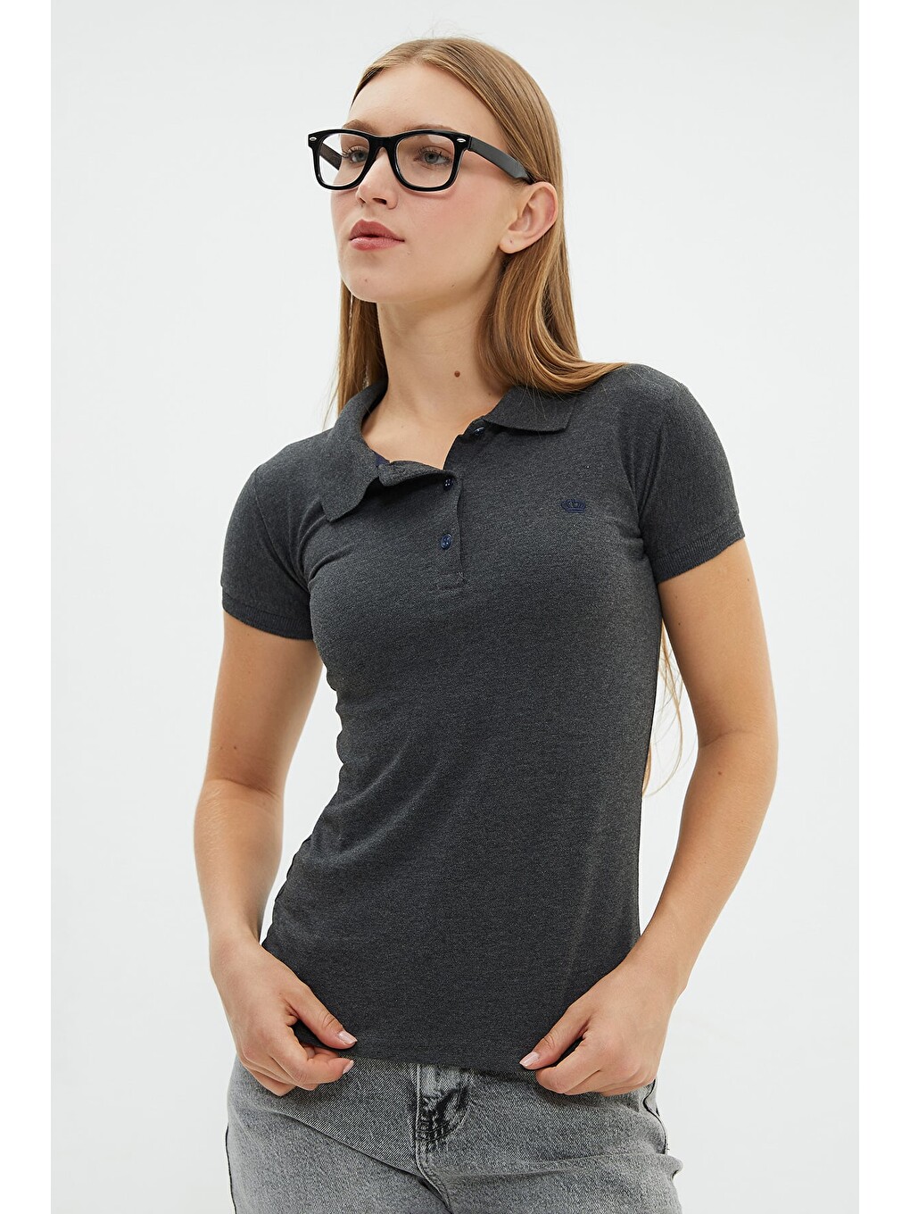 Antrasit Nakışlı Polo Yaka Slim Fit Tişört-3