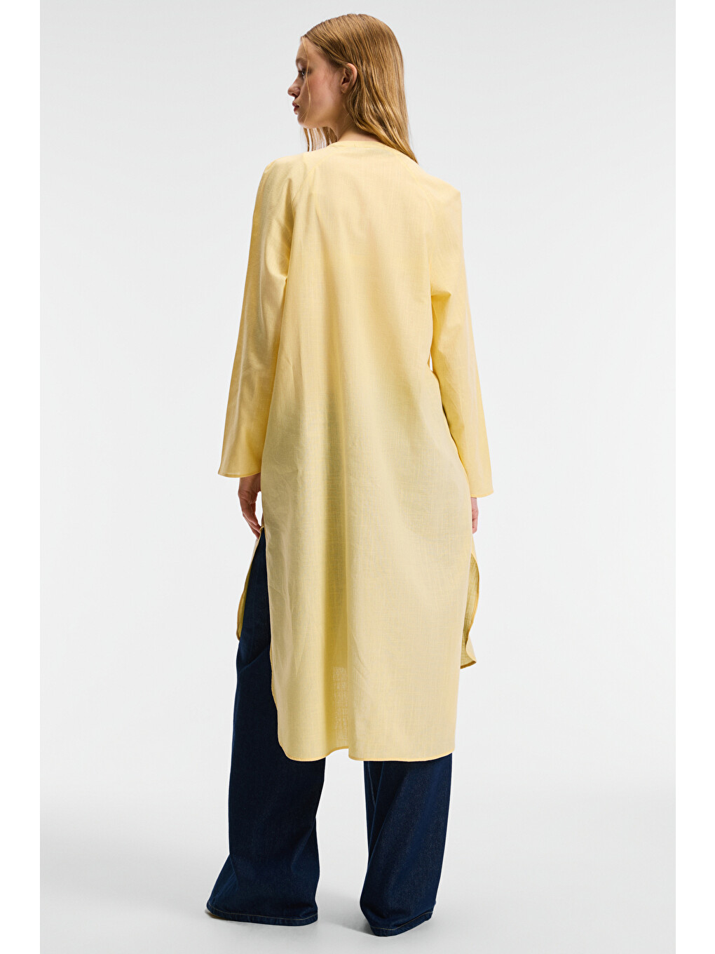 Acallar Kadın %100 Pamuk Keten Görünümlü Rahat Uzun Oversize Fit Sarı Elbise-4