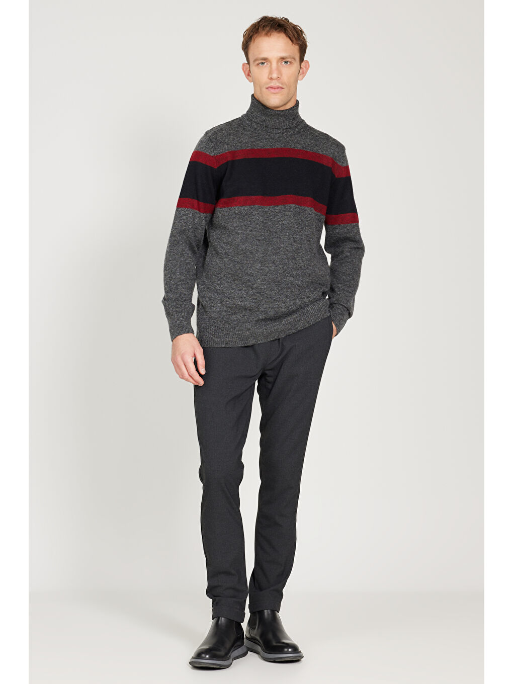 Erkek Antrasit-Lacivert Standart Fit Normal Kesim Tam Balıkçı Yaka Jakarlı Triko Kazak-1