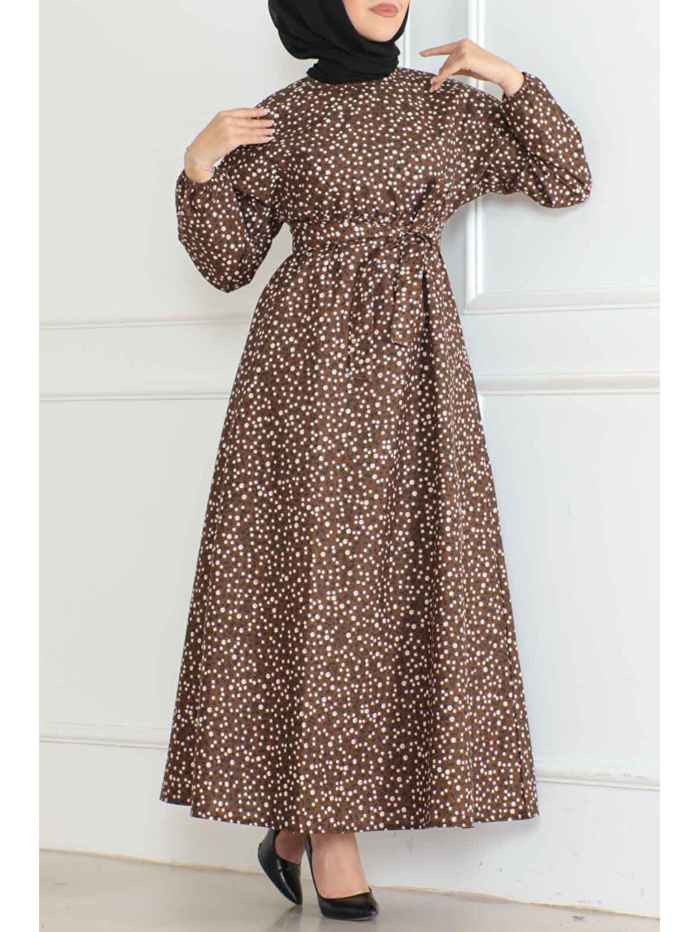 Kahverengi Desenli Kolu Büzgülü Elbise Kahve - 26622