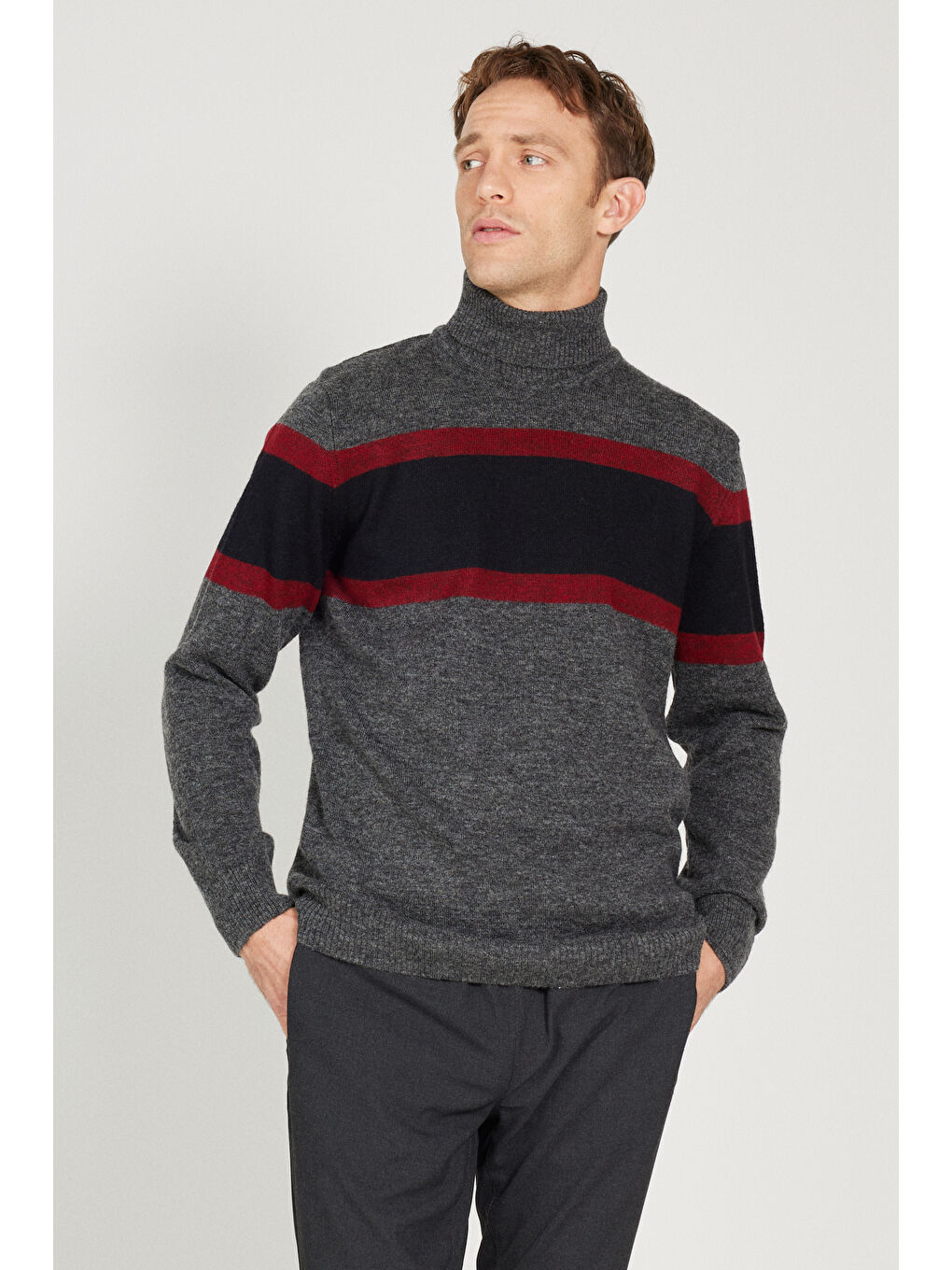 Erkek Antrasit-Lacivert Standart Fit Normal Kesim Tam Balıkçı Yaka Jakarlı Triko Kazak-2