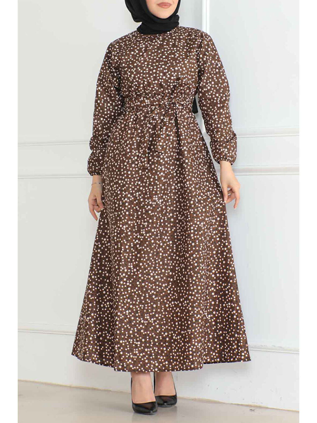 Kahverengi Desenli Kolu Büzgülü Elbise Kahve - 26622-1