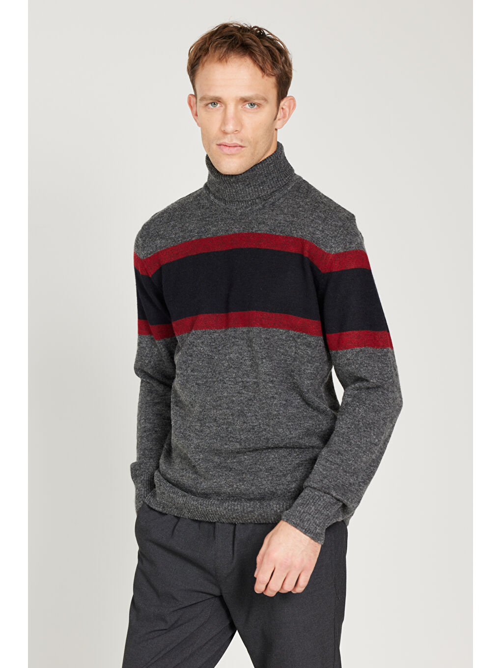 Erkek Antrasit-Lacivert Standart Fit Normal Kesim Tam Balıkçı Yaka Jakarlı Triko Kazak-3