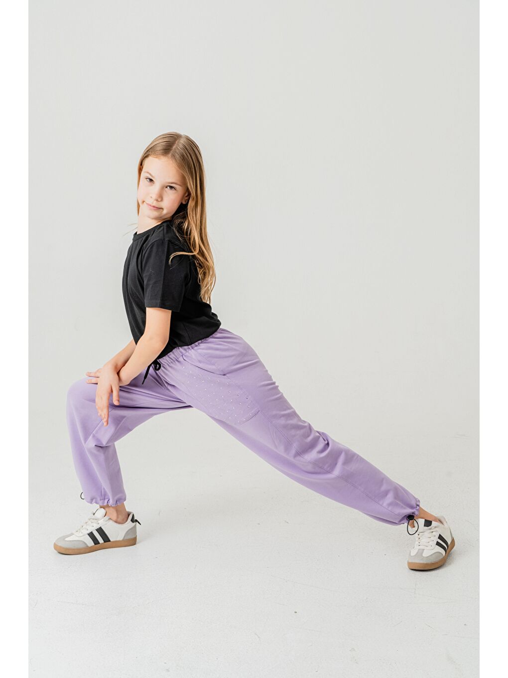 Lila Cebi Taşlı Paça Brit Lastikli Stoperli Kız Çocuk Eşofman Altı-2