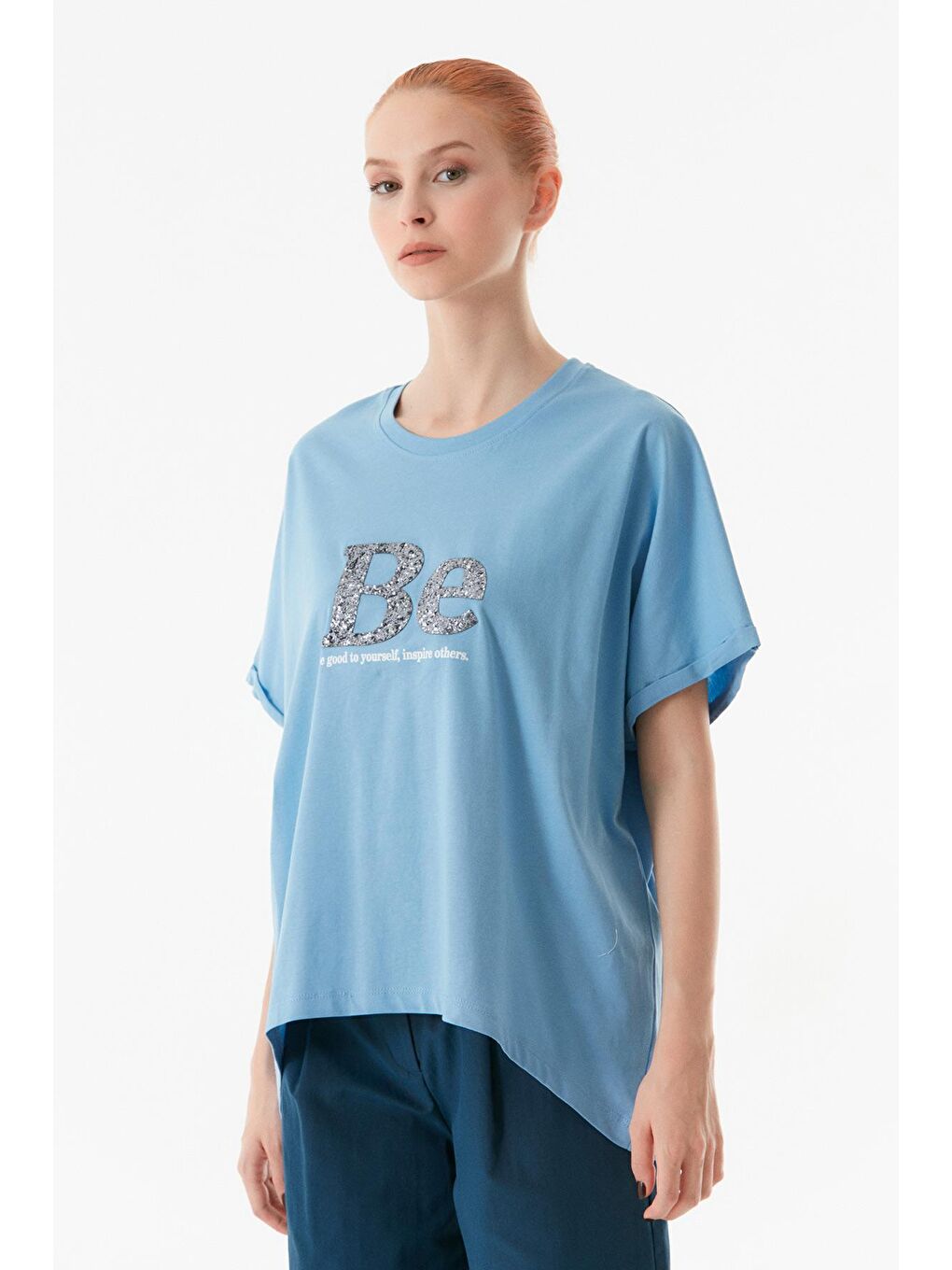 Mavi Baskılı Taşlı Bisiklet Yaka Oversize Tişört-2