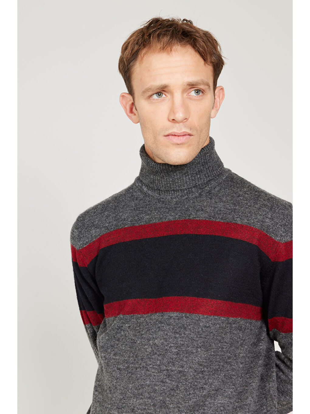 Erkek Antrasit-Lacivert Standart Fit Normal Kesim Tam Balıkçı Yaka Jakarlı Triko Kazak-5