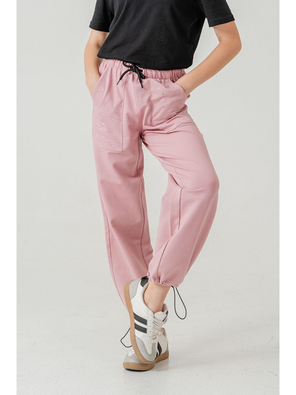 Pembe Cebi Taşlı Paça Brit Lastikli Stoperli Kız Çocuk Eşofman Altı-1