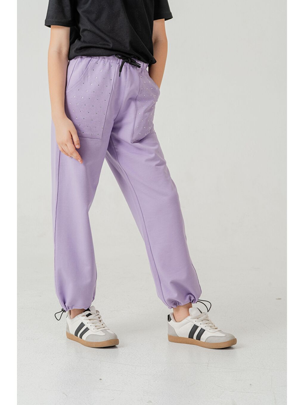 Lila Cebi Taşlı Paça Brit Lastikli Stoperli Kız Çocuk Eşofman Altı-3