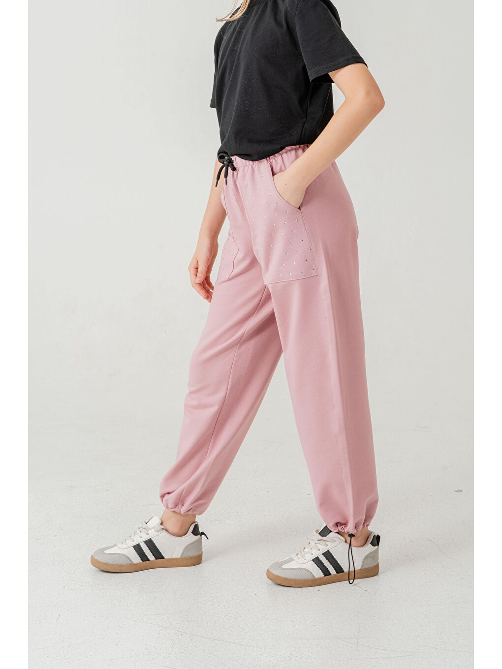 Pembe Cebi Taşlı Paça Brit Lastikli Stoperli Kız Çocuk Eşofman Altı-2