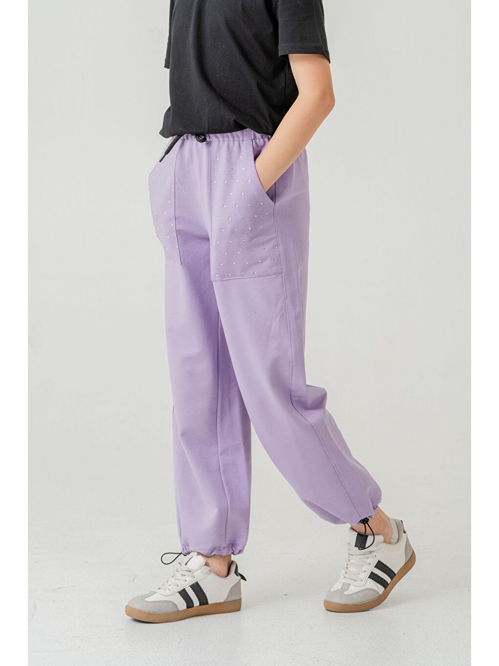 Lila Cebi Taşlı Paça Brit Lastikli Stoperli Kız Çocuk Eşofman Altı-4