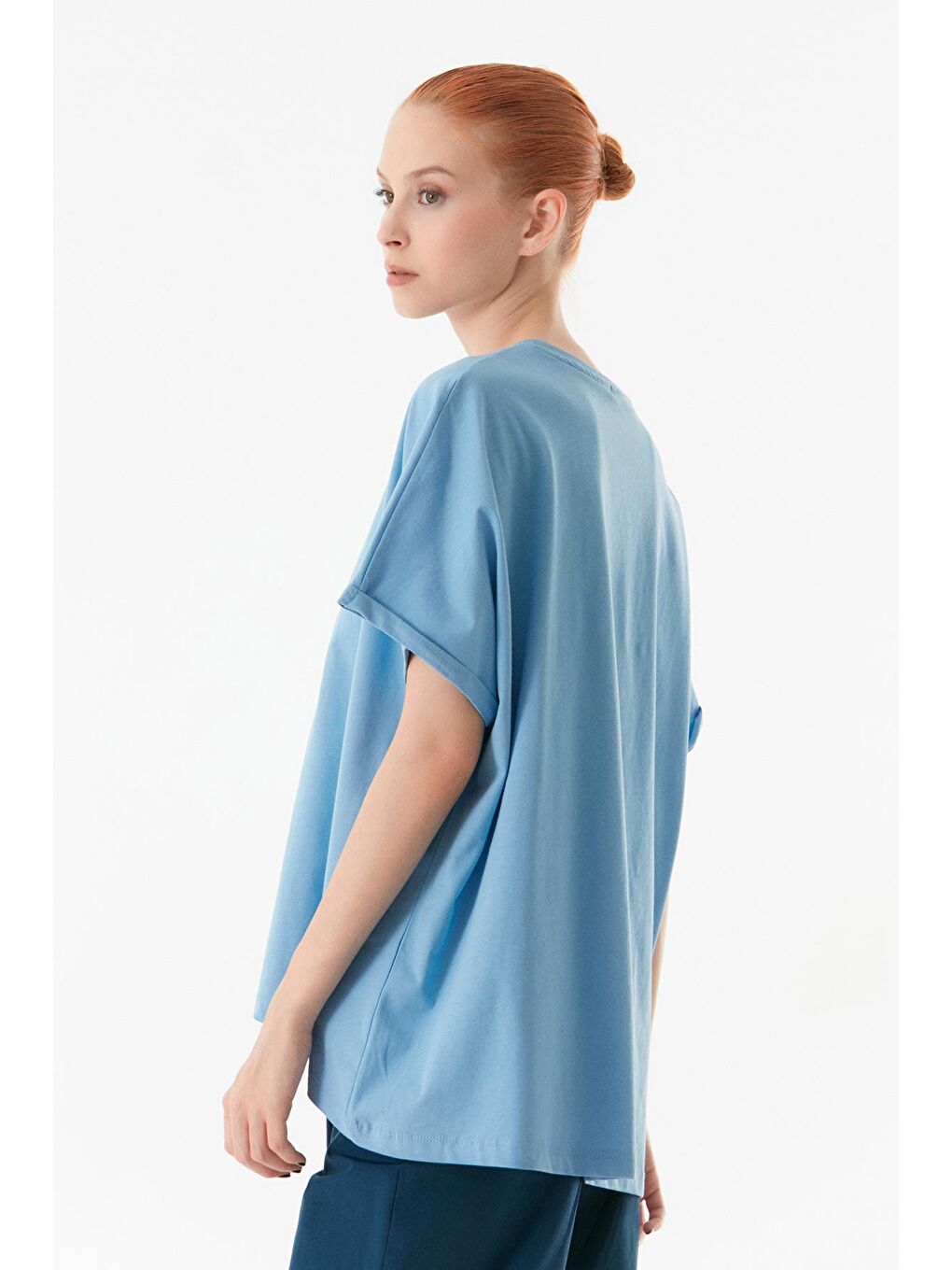 Mavi Baskılı Taşlı Bisiklet Yaka Oversize Tişört-3