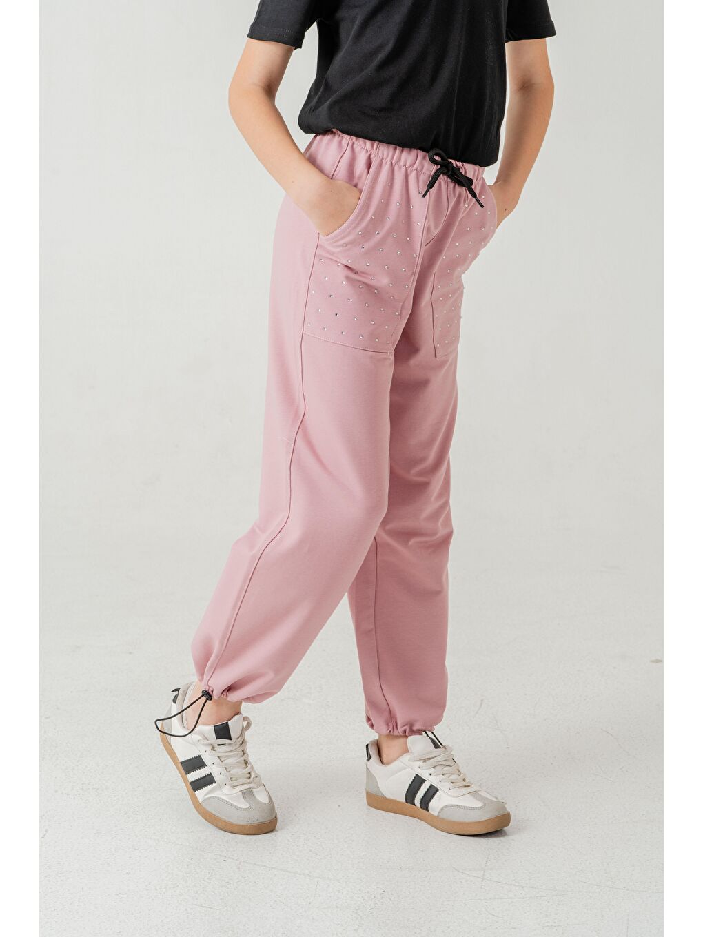 Pembe Cebi Taşlı Paça Brit Lastikli Stoperli Kız Çocuk Eşofman Altı-3