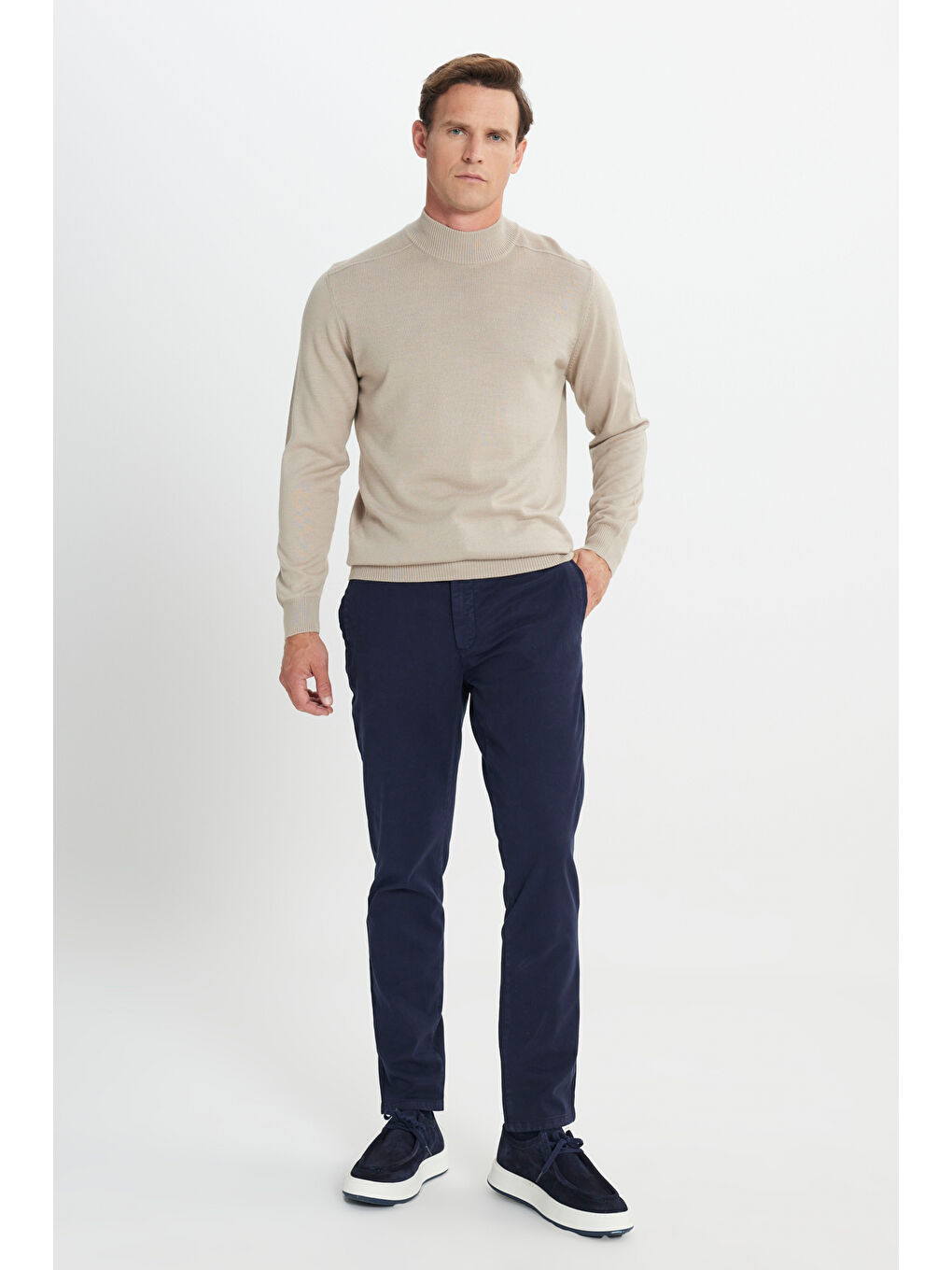 Erkek Lacivert Pamuklu Slim Fit Dar Kesim Diagonal Desenli Pileli Yan Cep Casual Pantolon