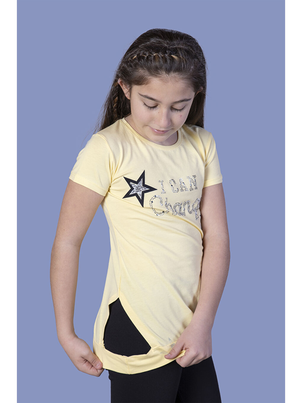 Sarı Kız Çocuk Yıldız Baskılı Taş İşlemeli Tişört-1