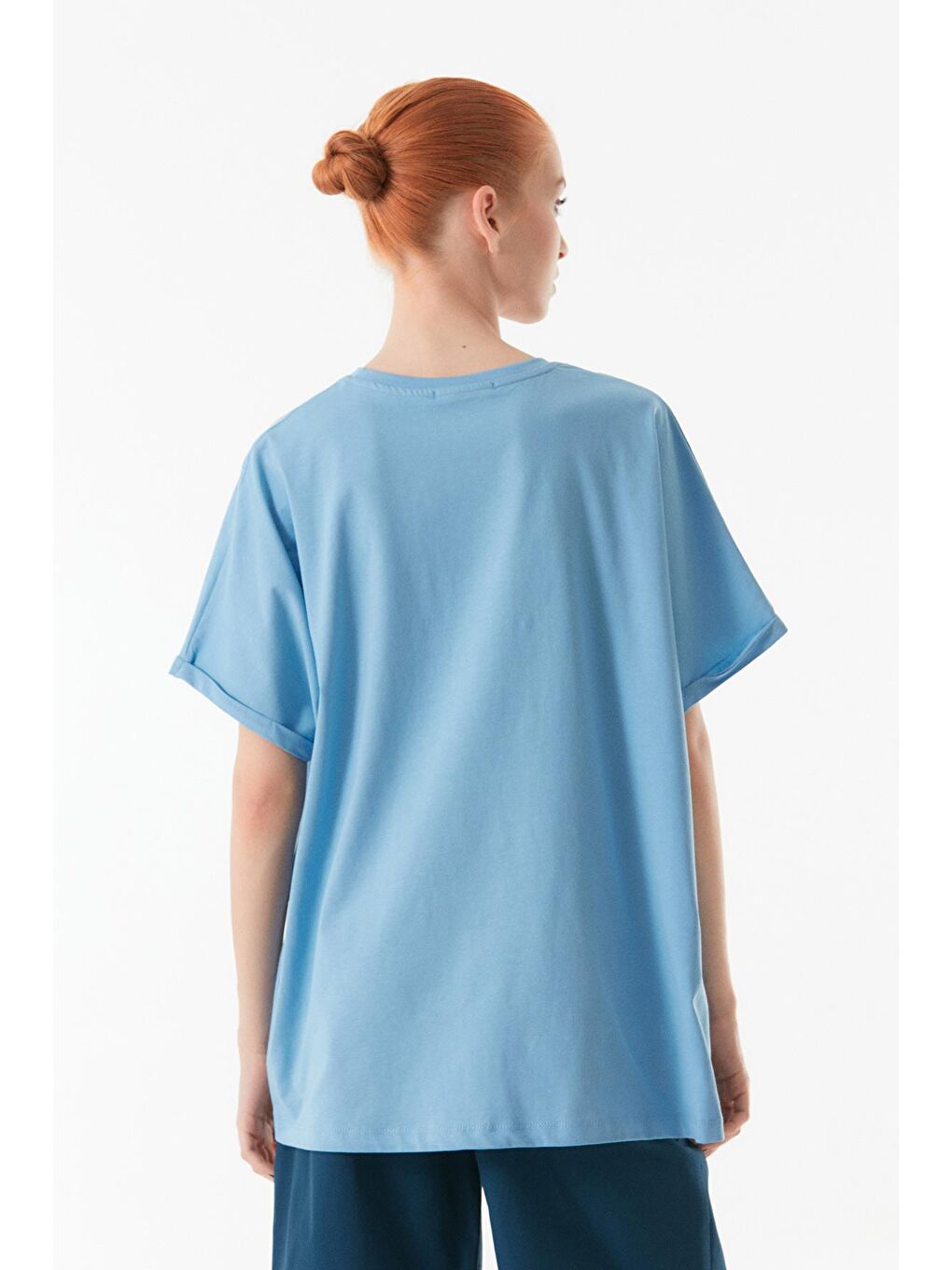 Mavi Baskılı Taşlı Bisiklet Yaka Oversize Tişört-4