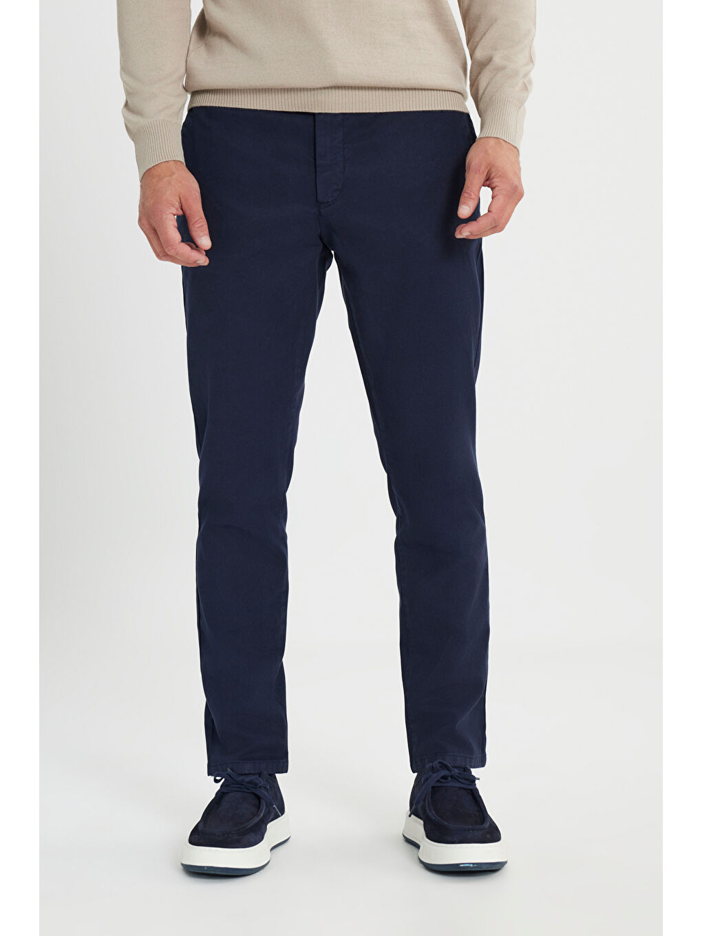 Erkek Lacivert Pamuklu Slim Fit Dar Kesim Diagonal Desenli Pileli Yan Cep Casual Pantolon-1