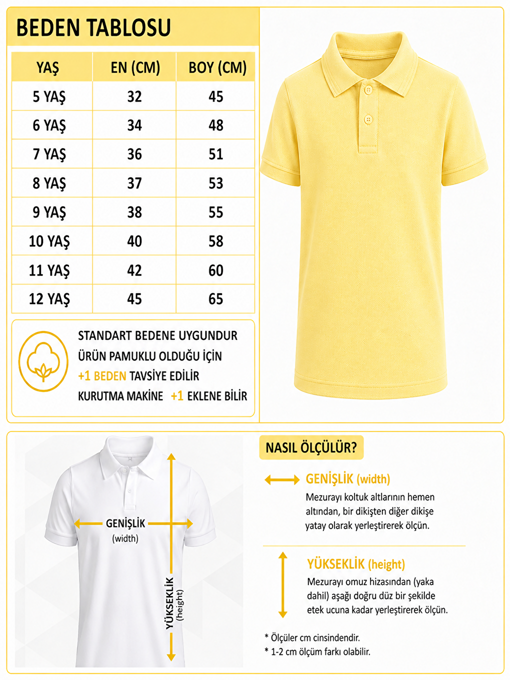 Sarı Kids Polo Yaka Basic Kısa Kollu Unisex Çocuk Tişört-1