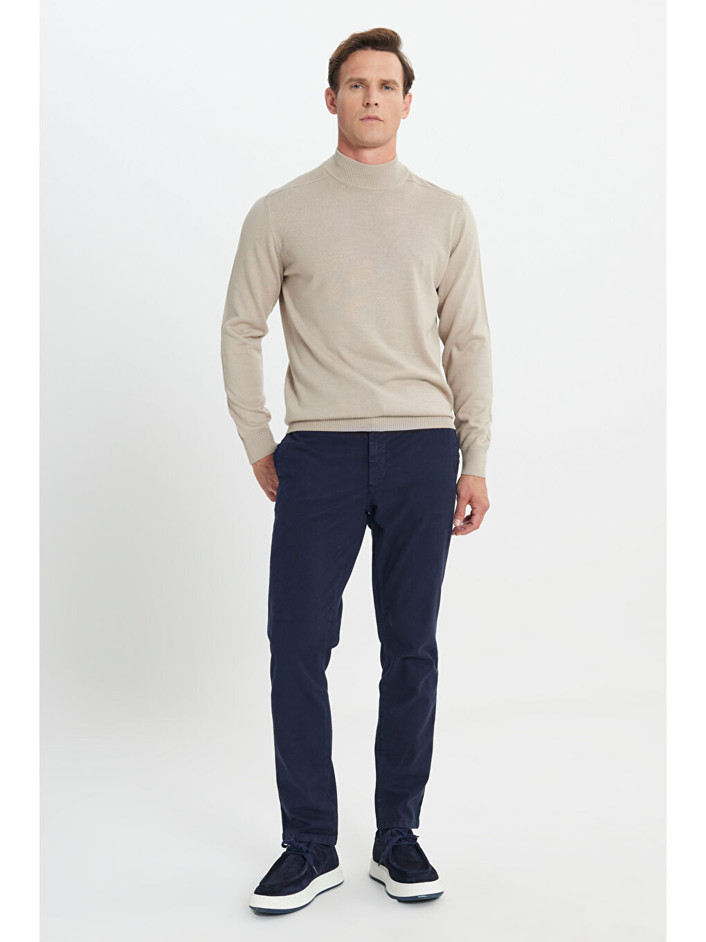 Erkek Lacivert Pamuklu Slim Fit Dar Kesim Diagonal Desenli Pileli Yan Cep Casual Pantolon-2