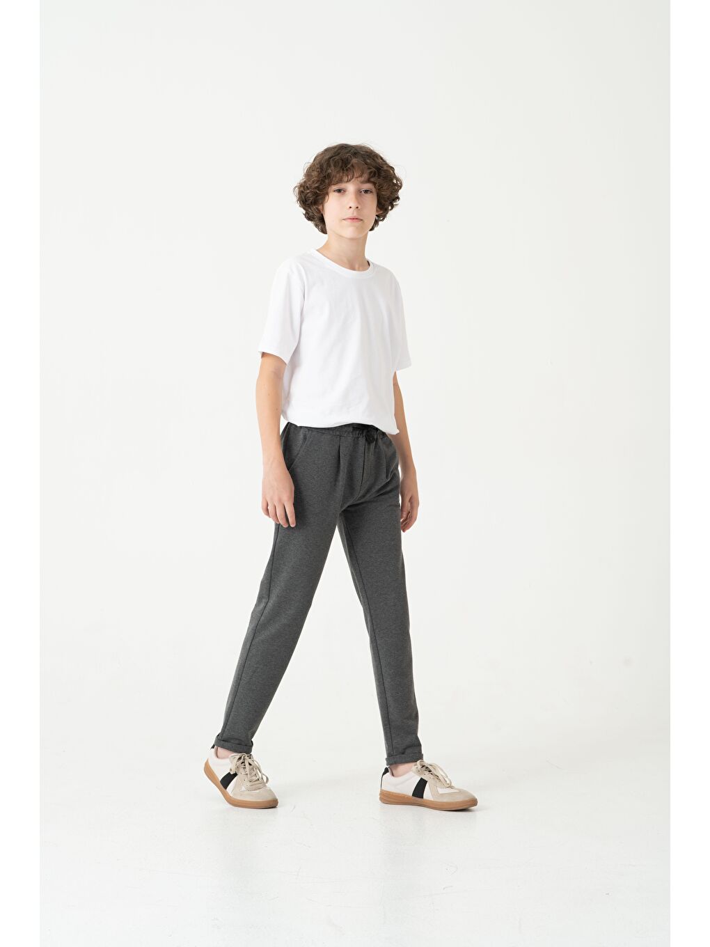 Antrasit Duble Paça Kemer Düğmeli Erkek Çocuk Eşofman Altı-1