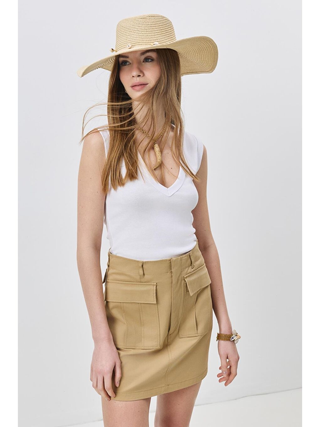 Denizkabuğu Detaylı Geniş Hasır Şapka Y8217 Açık Bej-1