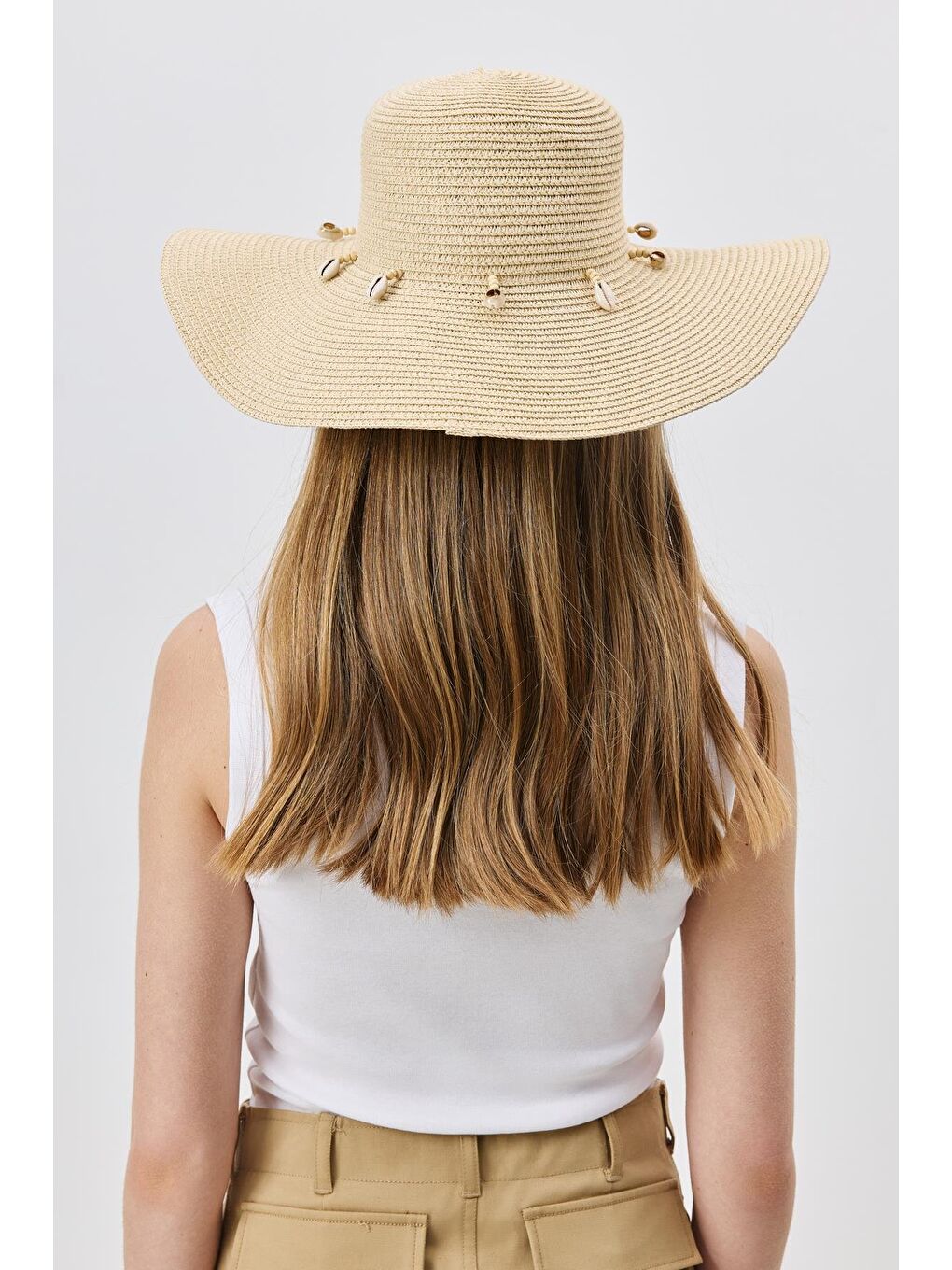 Denizkabuğu Detaylı Geniş Hasır Şapka Y8217 Açık Bej-2