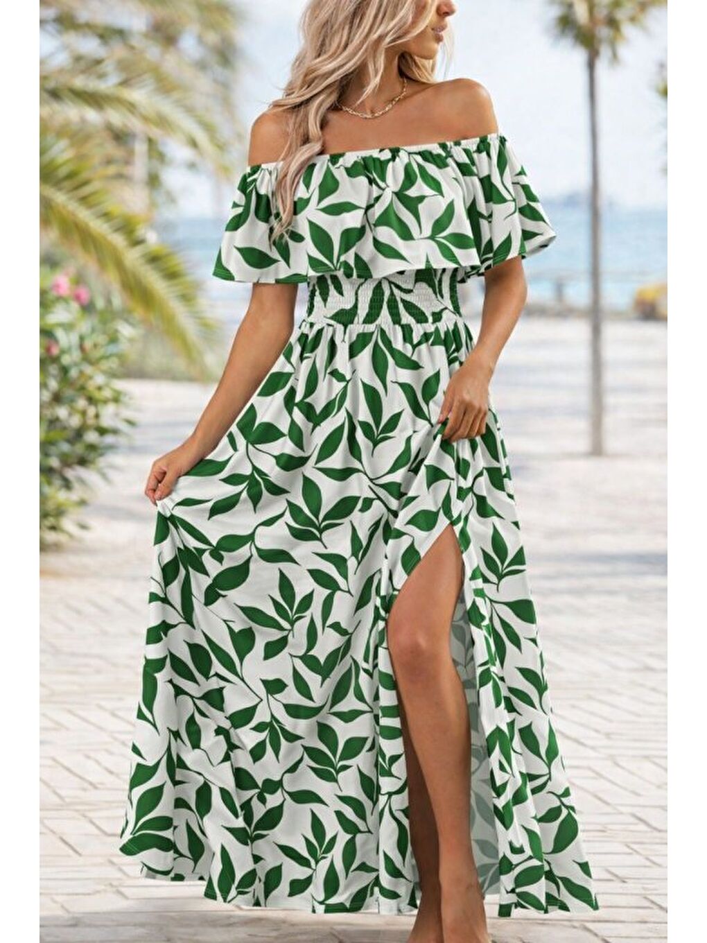 Yeşil Kadın Madonna Yaka Göğüs Lastikli Yırtmaçlı Uzun Desenli Süprem Elbise-2