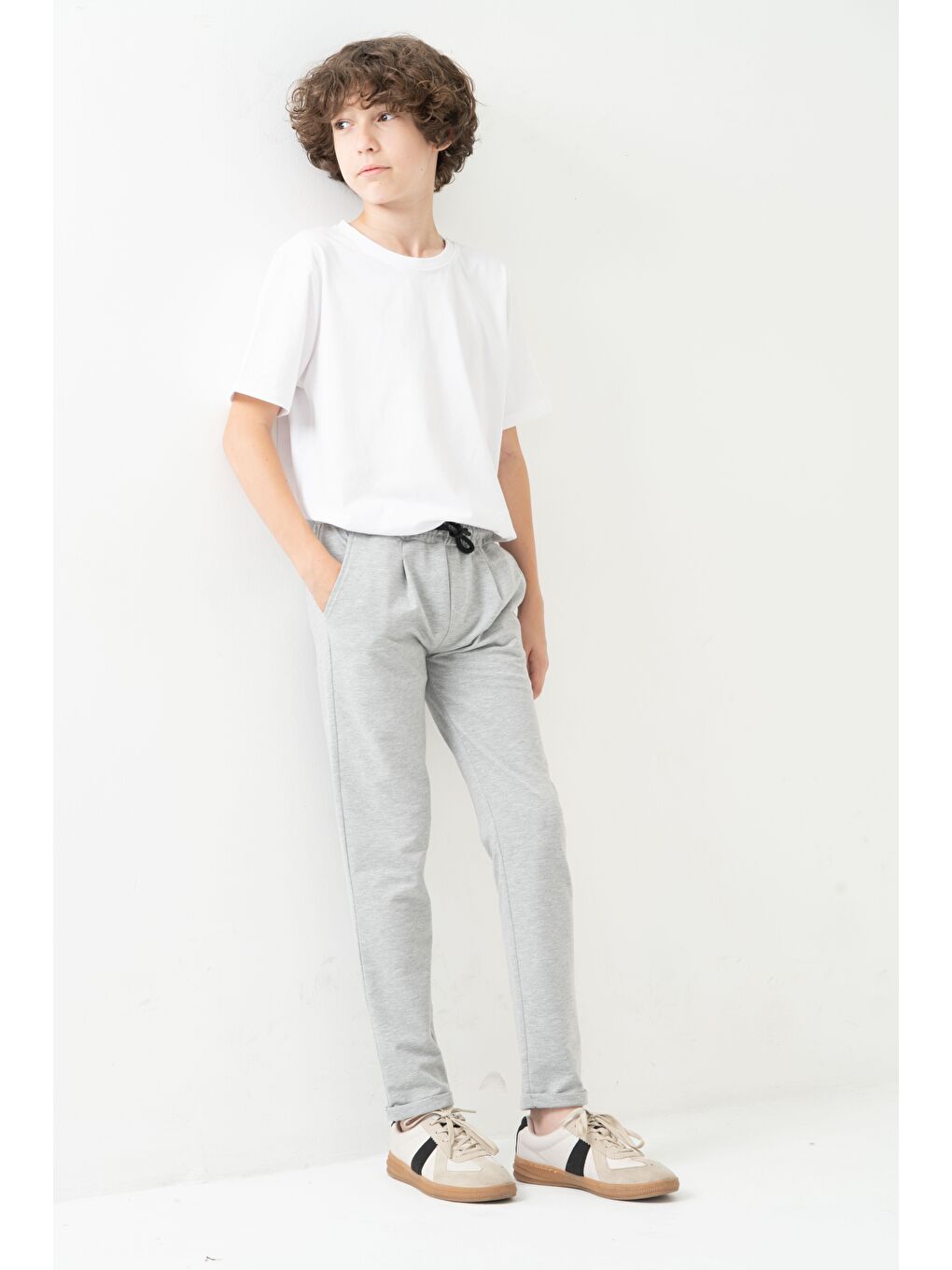 Gri Duble Paça Kemer Düğmeli Erkek Çocuk Eşofman Altı