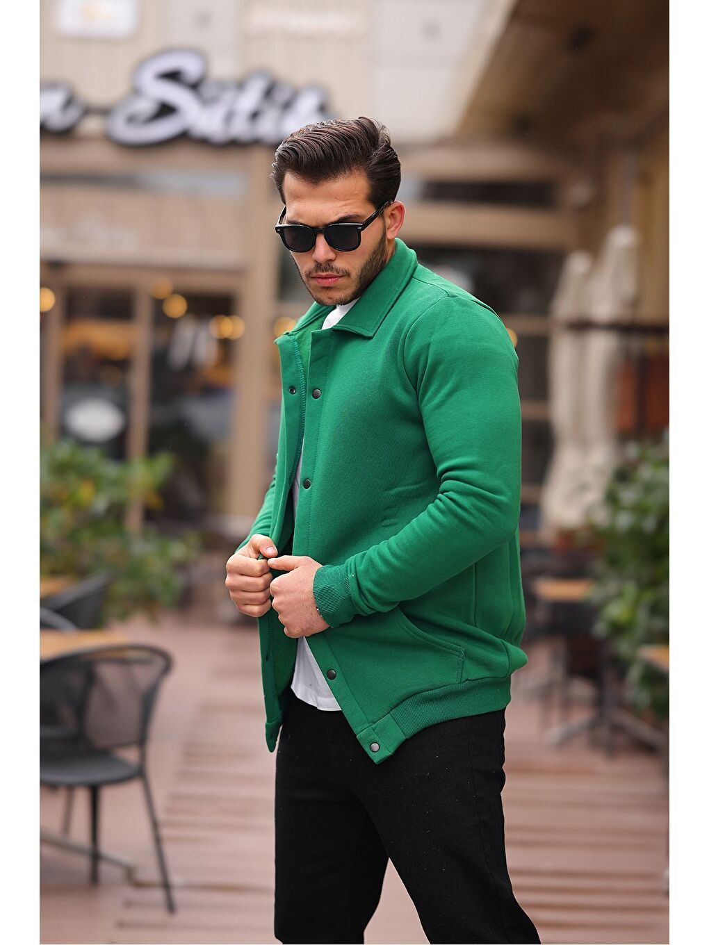 Yeşil Çıtçıtlı Cepli İçi Şardonlu Sweatshirt Ceket