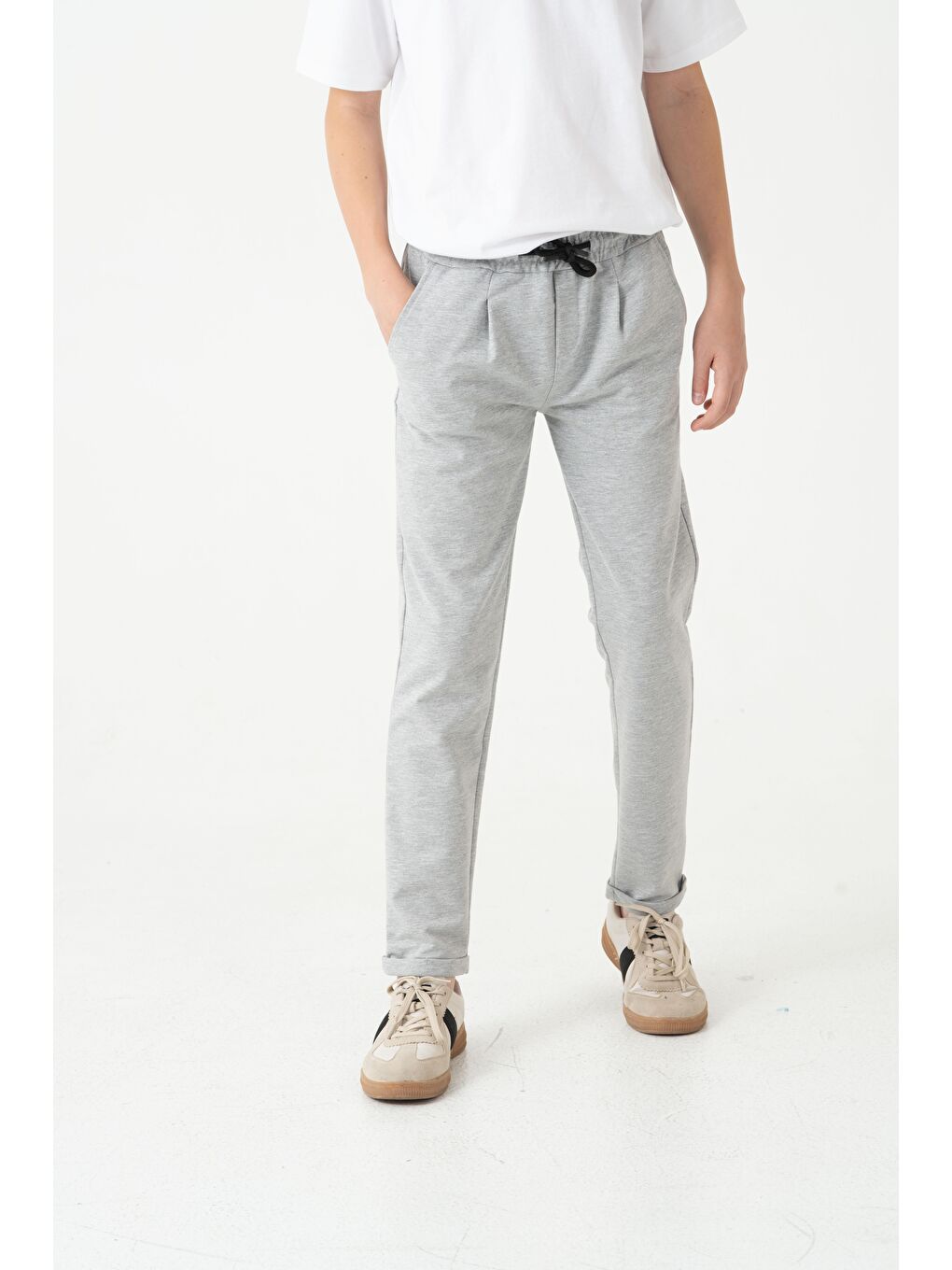 Gri Duble Paça Kemer Düğmeli Erkek Çocuk Eşofman Altı-2