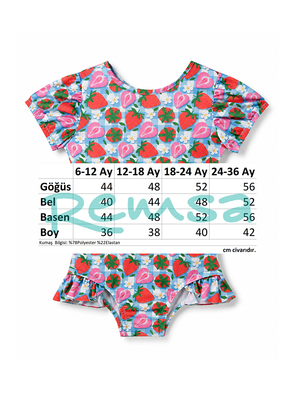 UV Korumalı Kısa Kollu Tulum Kız Bebek Yüzücü Mayo Çilek Desen 5109 Pembe-2