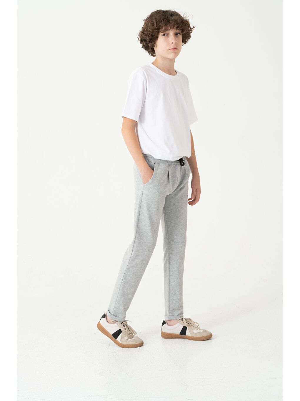 Gri Duble Paça Kemer Düğmeli Erkek Çocuk Eşofman Altı-3