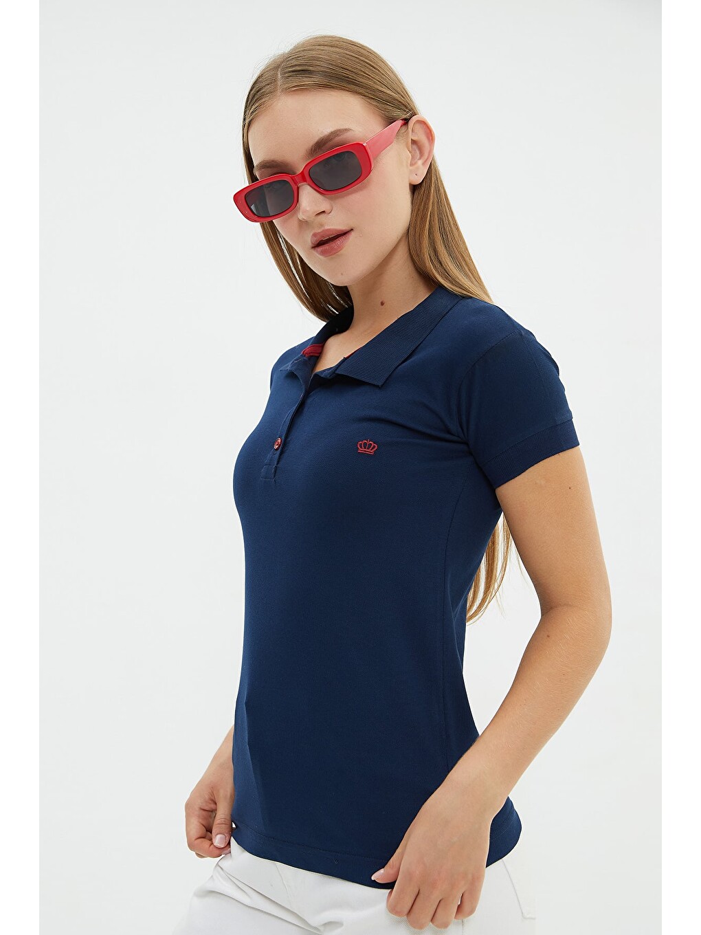 Lacivert Nakışlı Polo Yaka Slim Fit Tişört-1