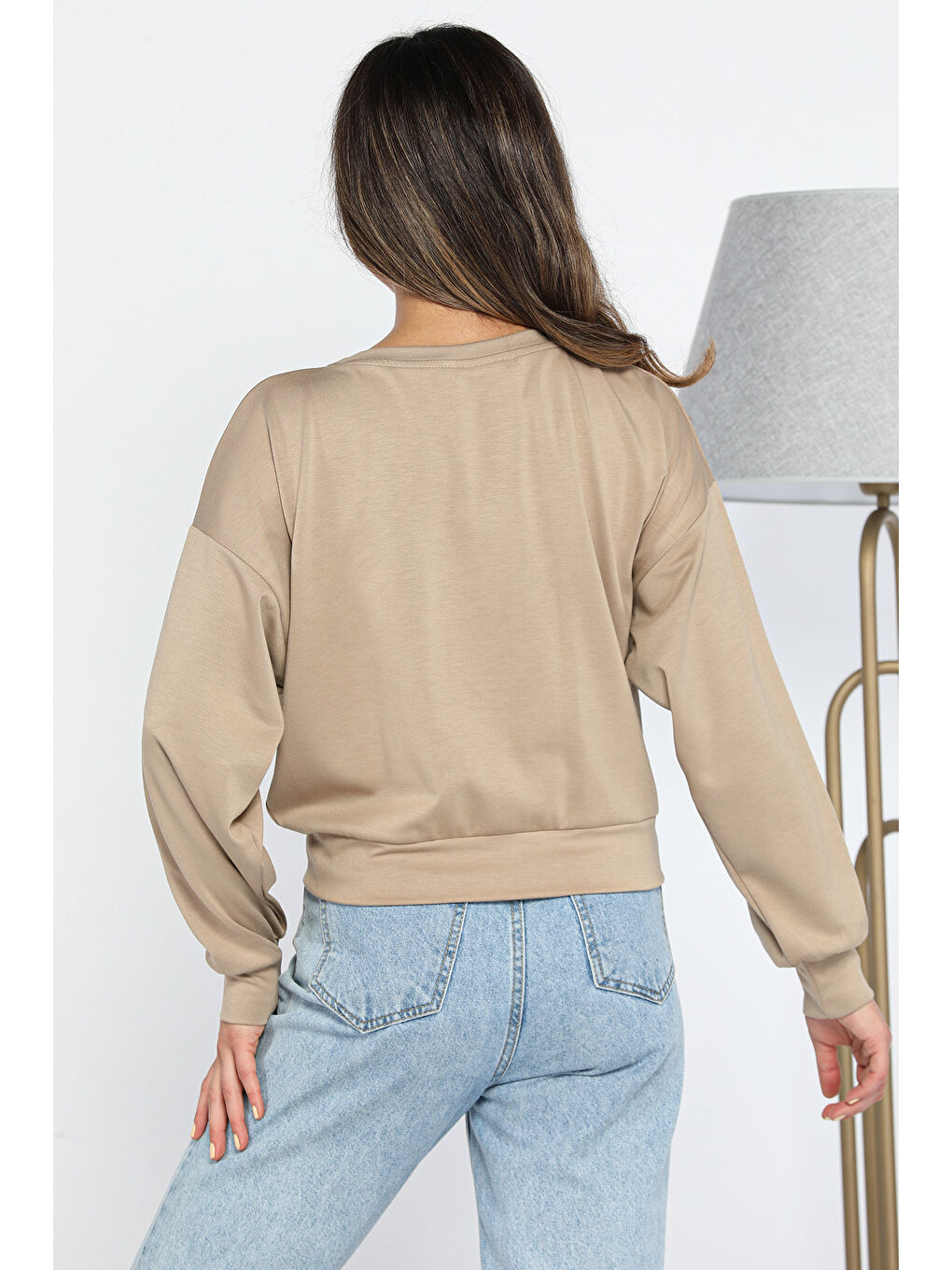 GÜLSELİ Vizon Kadın Bisiklet Yaka Pile Detaylı Sweatshirt - 2