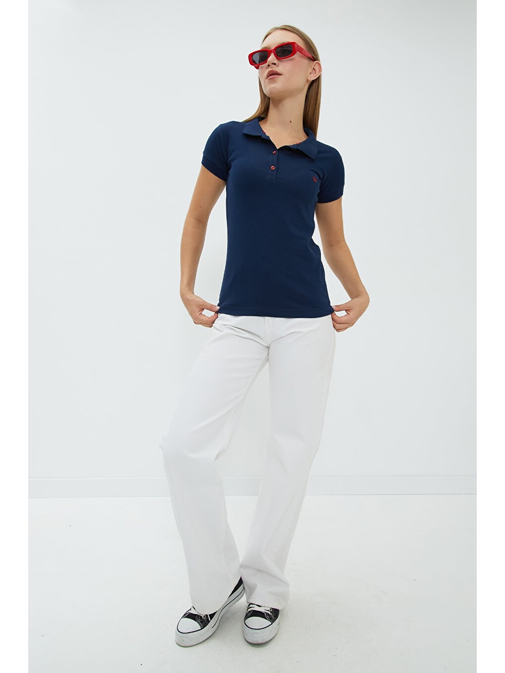 Lacivert Nakışlı Polo Yaka Slim Fit Tişört-2