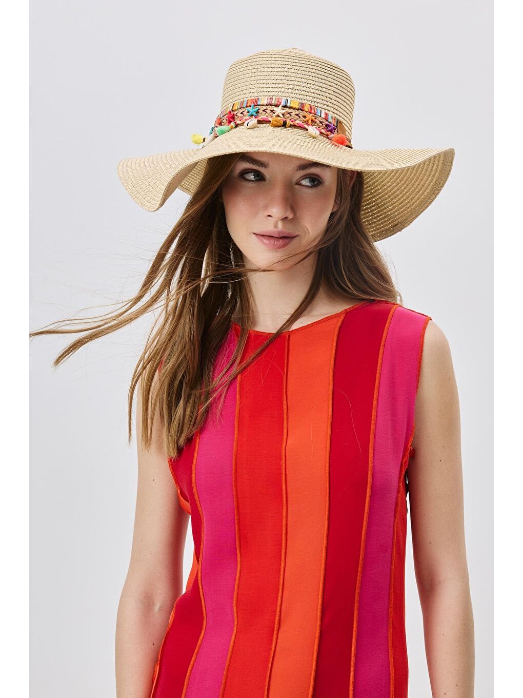 Denizkabuğu Detaylı Geniş Hasır Şapka Y8216 Bej