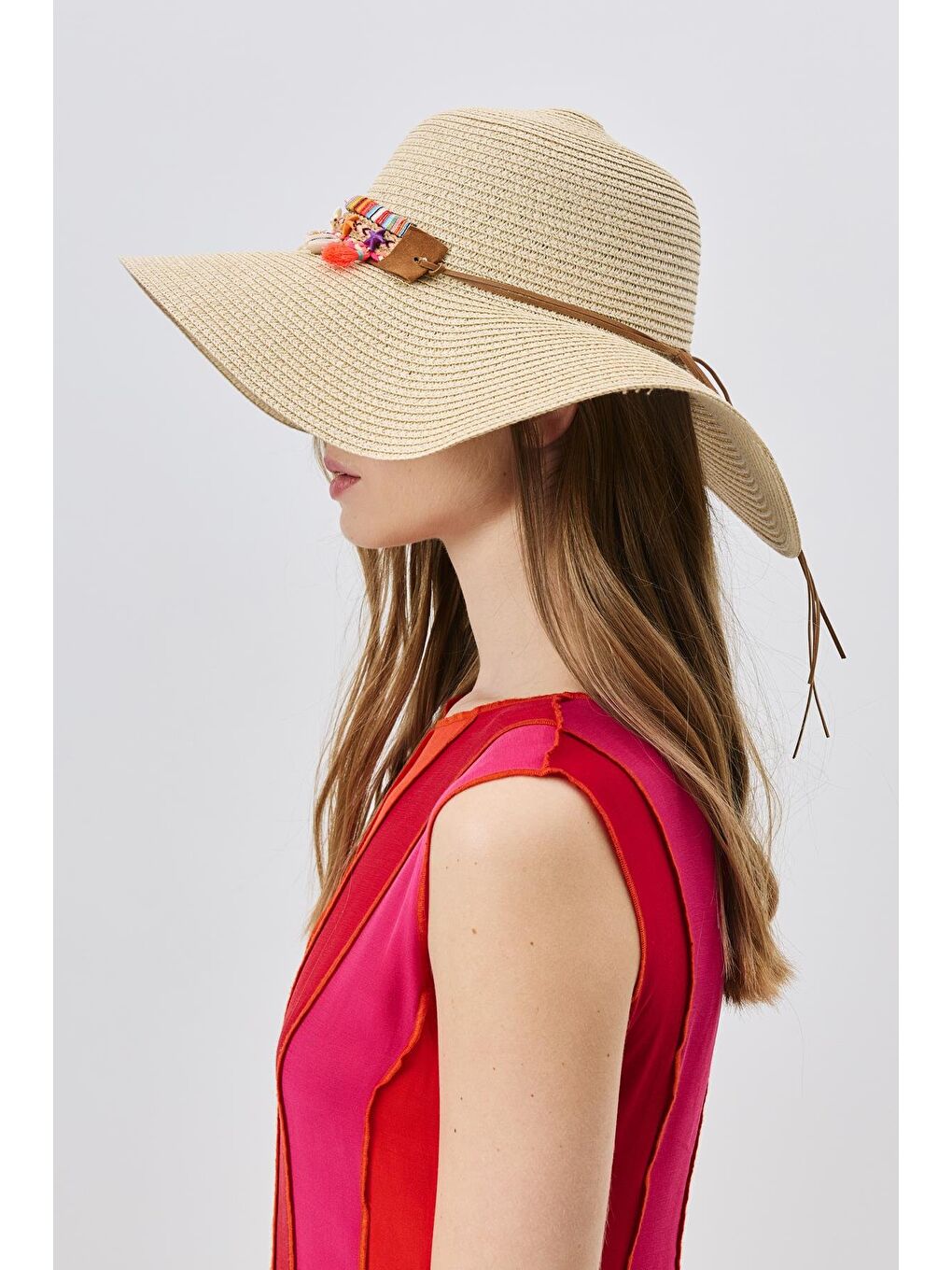 Denizkabuğu Detaylı Geniş Hasır Şapka Y8216 Bej-1