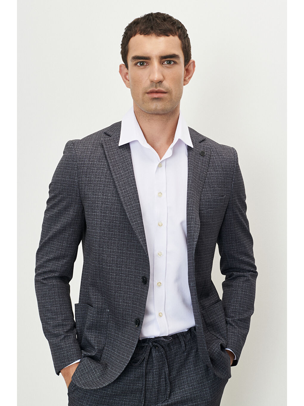 Erkek Antrasit Ekstra Slim Fit Dar Kesim Mono Yaka Desenli Takım Elbise-1