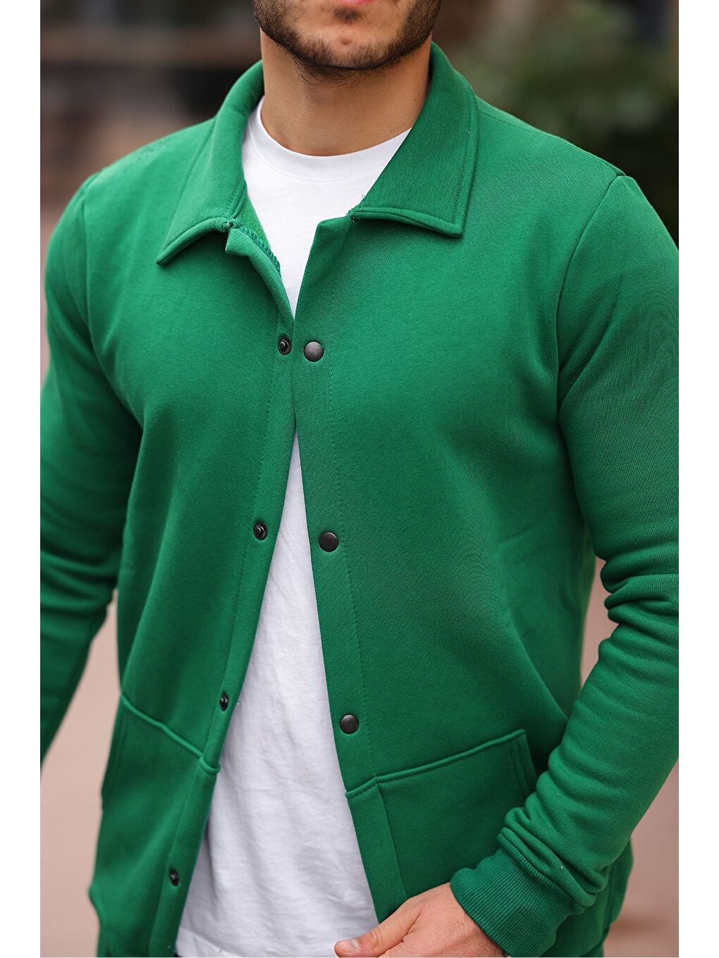 Yeşil Çıtçıtlı Cepli İçi Şardonlu Sweatshirt Ceket-3