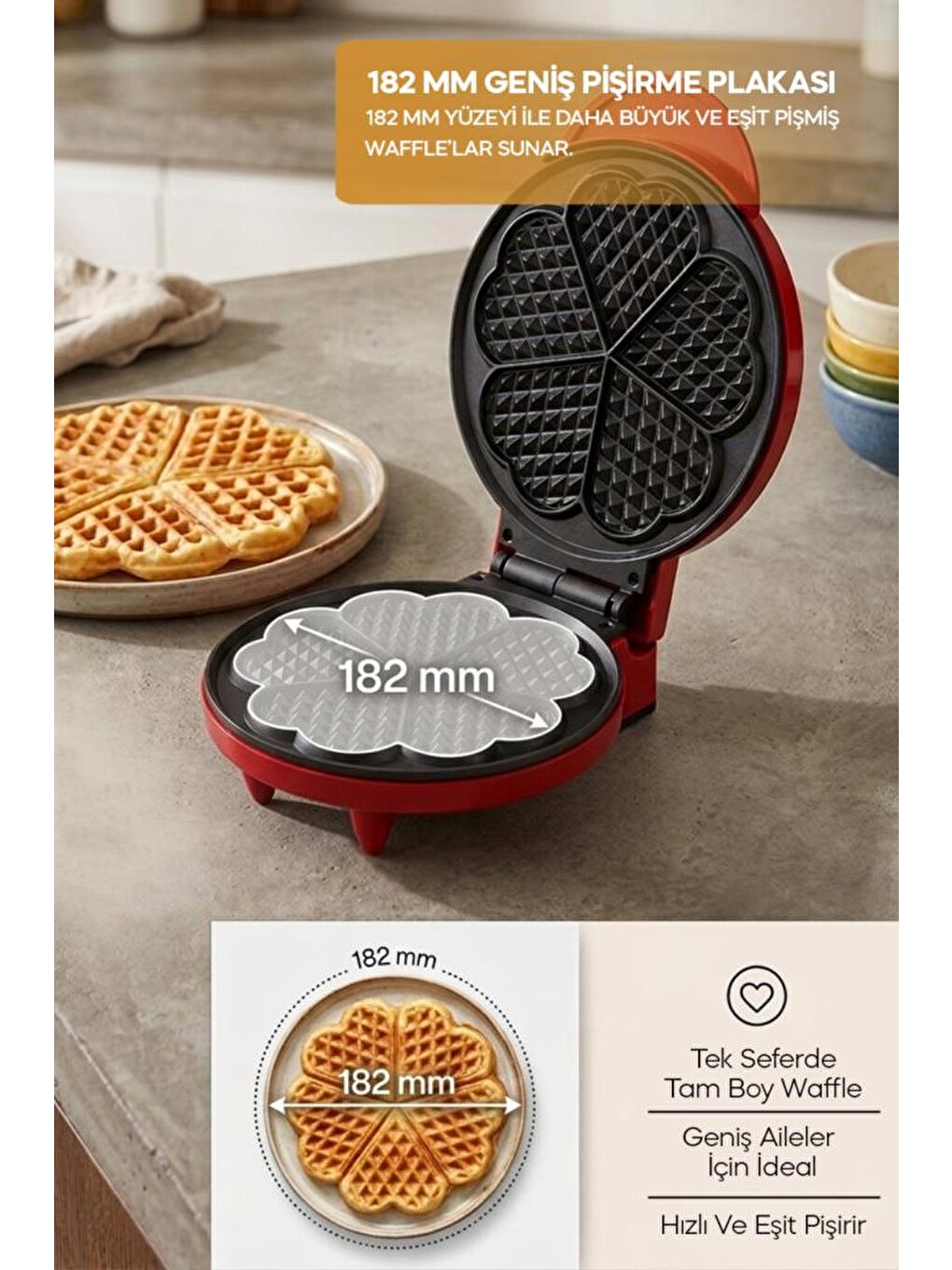 SSM-2595 Waffle Makinesi 850W | 182 mm Yapışmaz Döküm Plaka Kırmızı | 5 Dilimli Waffle-1