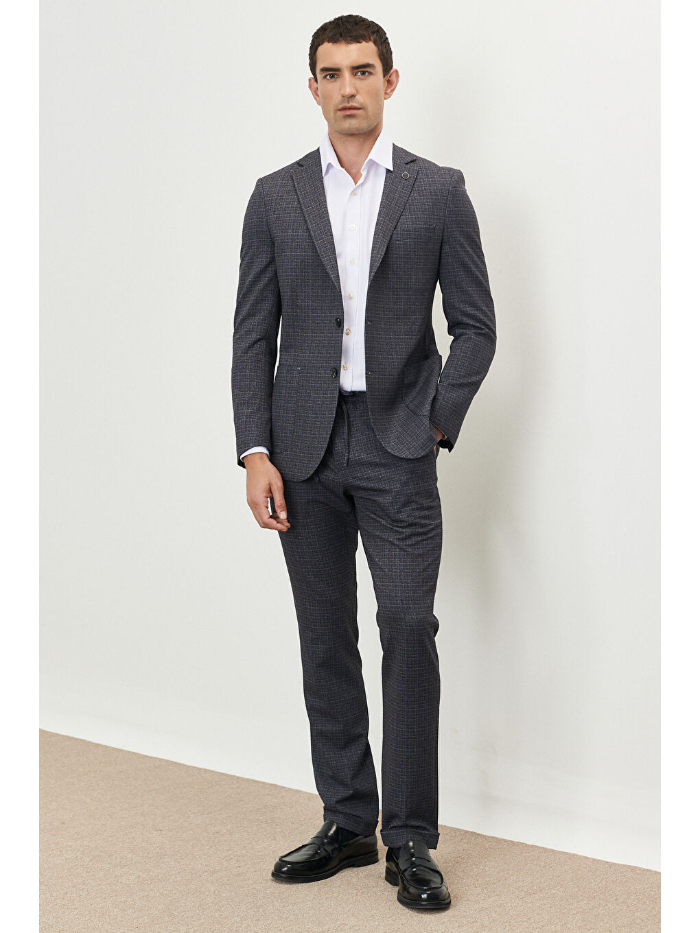 Erkek Antrasit Ekstra Slim Fit Dar Kesim Mono Yaka Desenli Takım Elbise