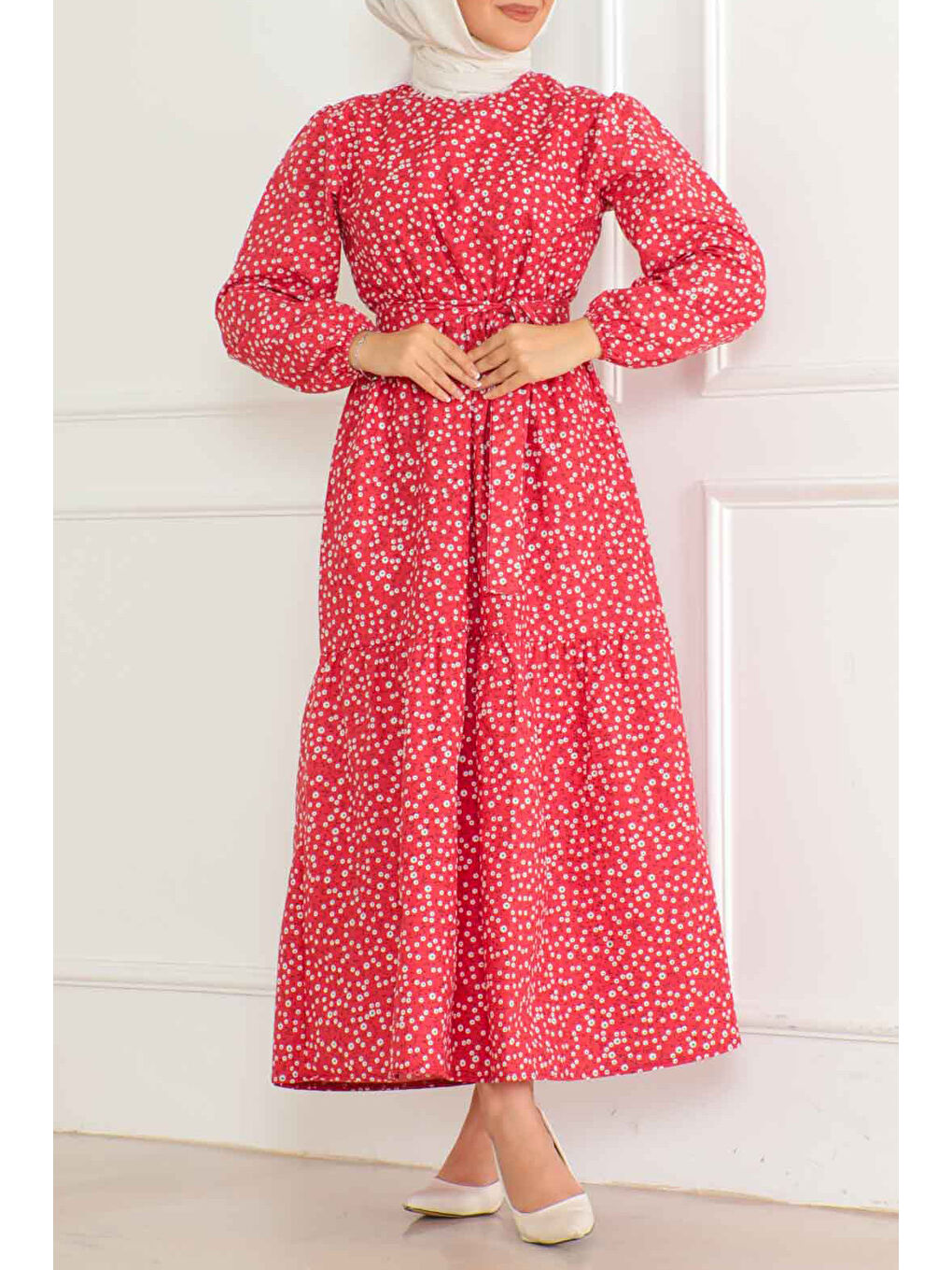 Kırmızı Desenli Kolu Büzgülü Elbise Kirmizi - 26623