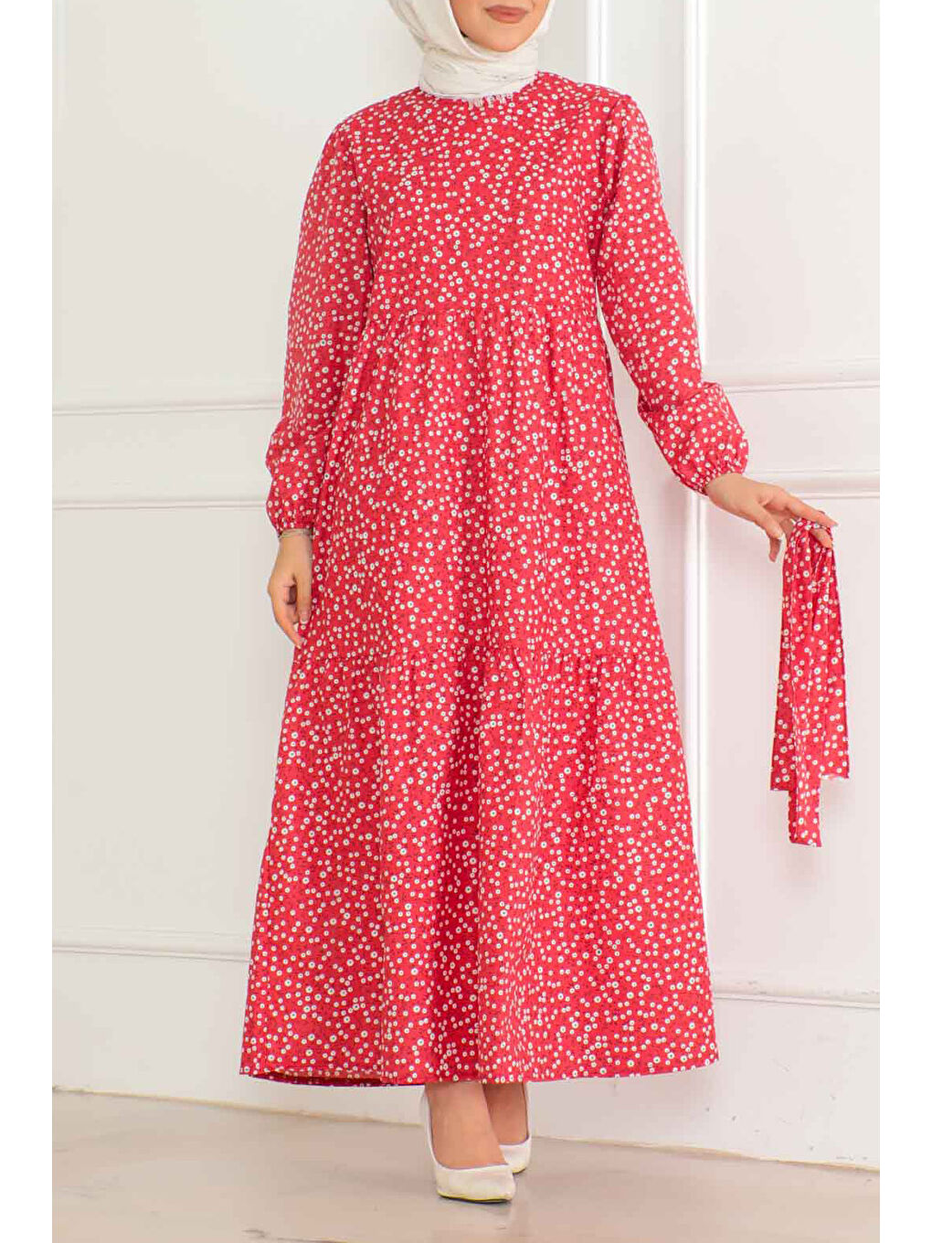Kırmızı Desenli Kolu Büzgülü Elbise Kirmizi - 26623-1