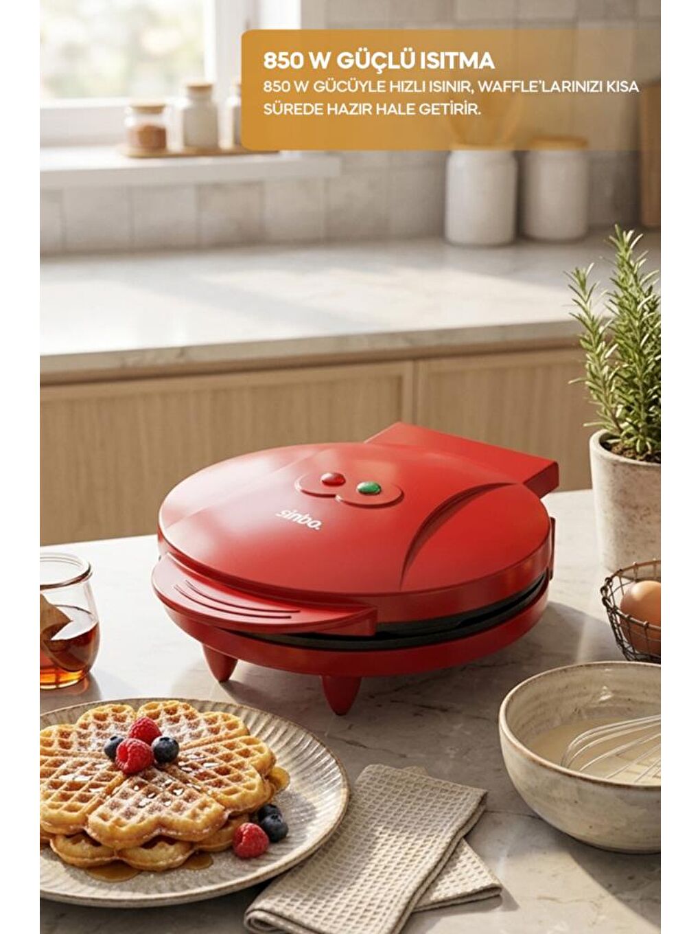 SSM-2595 Waffle Makinesi 850W | 182 mm Yapışmaz Döküm Plaka Kırmızı | 5 Dilimli Waffle-2