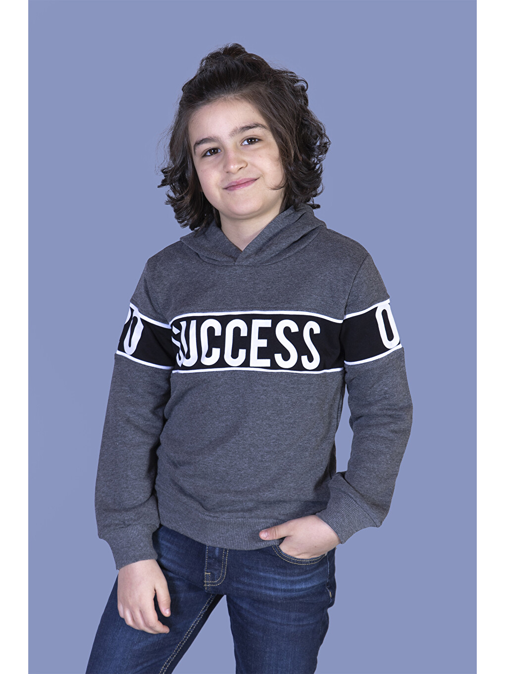 Antrasit Erkek Çocuk Garnisi Baskılı Kapüşonlu Sweatshirt